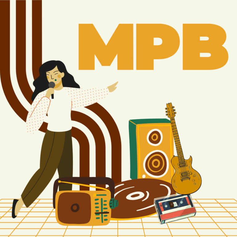 Ilustração representando a Música Popular Brasileira com notas musicais e instrumentos.